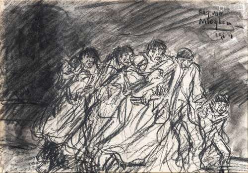 Eugeen Van Mieghem (1875-1930), fleeing family, charcoal and...