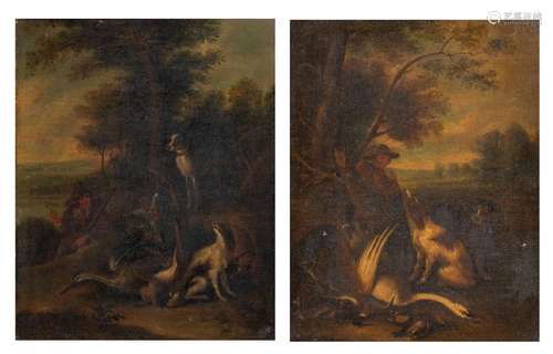 A pair of pendant paintings of hunting scenes, oil on canvas...