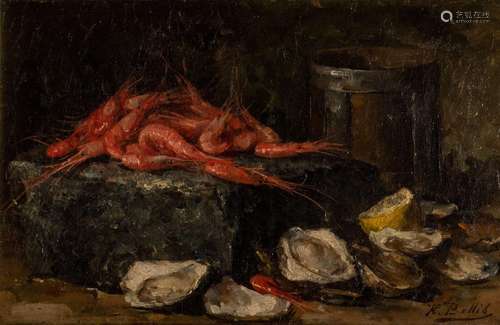 Hubert Bellis (1831-1902), still life with oysters and shrim...