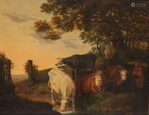 Landscape with shepherd and his cattle, 18thC, Dutch, oil on...