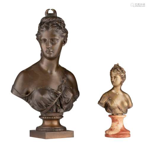 A larger and a smaller bronze bust of Diana, both after Houd...