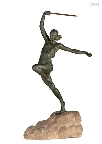 An Art Deco patinated spelter woman with a javelin by Pierre...