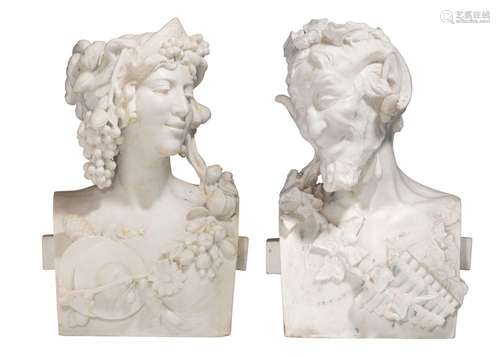 A large pair of Carrara marble busts of a satyr and a nymph,...