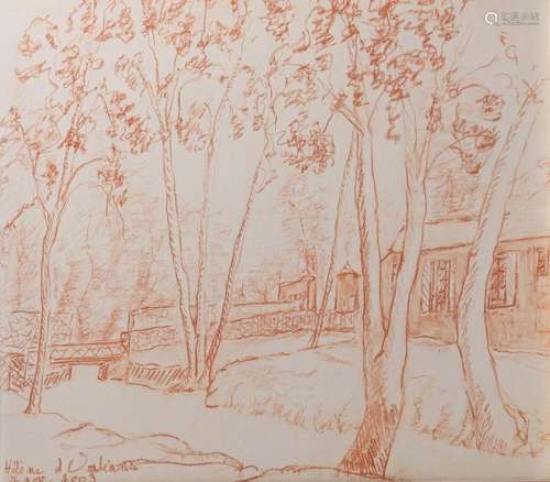 Hélène d'Orléans (1934), landscape with trees, sanguine draw...