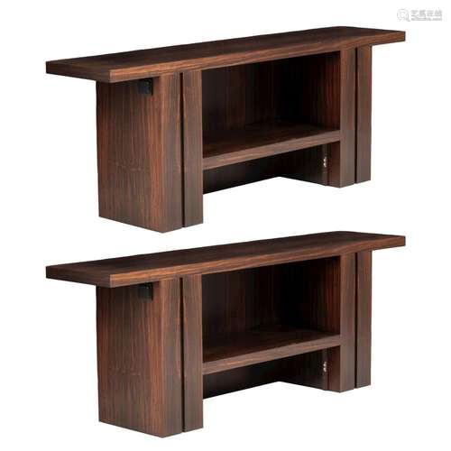 A pair of Macassar veneered design console tables, H 73 - W ...