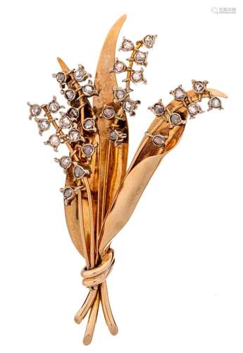 A floral-shaped 18ct yellow gold brooch, set with diamonds, ...