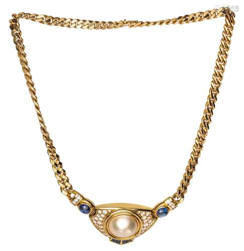 An 18ct yellow gold necklace, set with a mabe pearl, diamond...