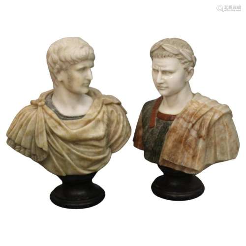 Pair of busts of emperors in various precious marb