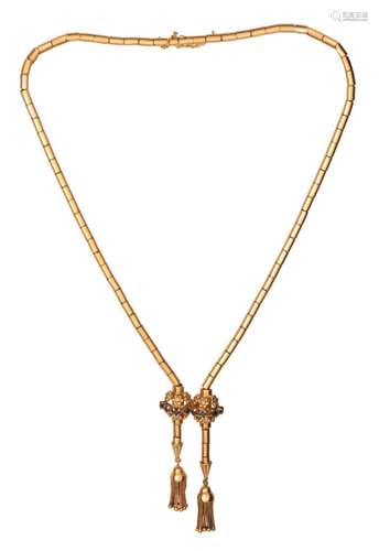 A box chain necklace in 18ct yellow gold, set with blue sapp...