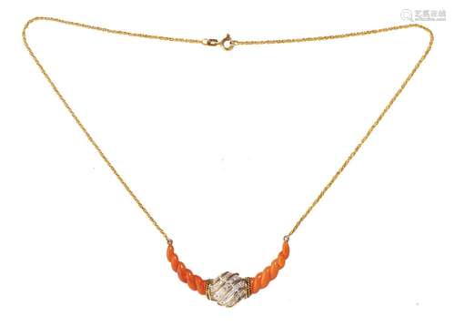 An 18ct yellow gold necklace, the pendant set with corals an...