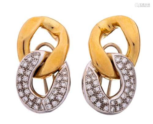 A pair of yellow and white 18ct gold earrings, set with bril...