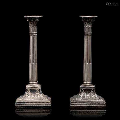 A pair of English sterling silver Neoclassical column-shaped...