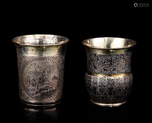 Two Russian silver-gilt and niello beakers, 84 zolotniki, H ...