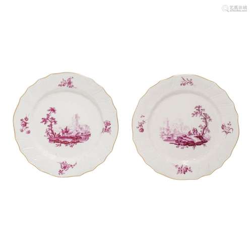 Two 18thC Tournai soft porcelain plates with a camaieu lands...