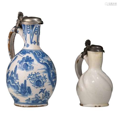 An 18thC Dutch Delft chinoiserie decorated jug, added a smal...