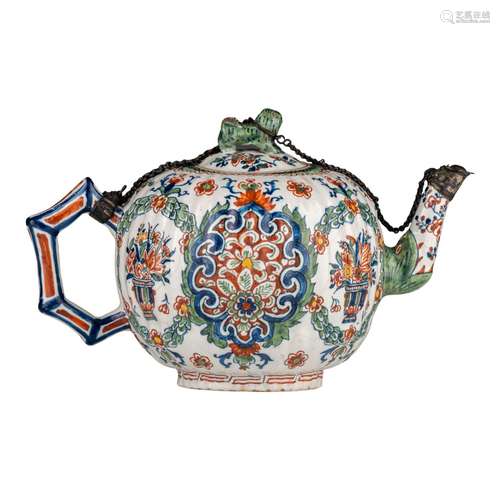 An 18thC Dutch Delft Kakiemon-style teapot, marked Lambertus...