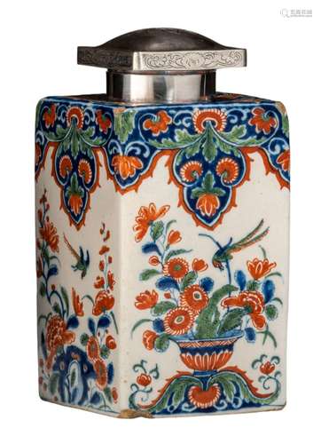 An 18thC Dutch Delft cashmere palette tea caddy, silver-moun...