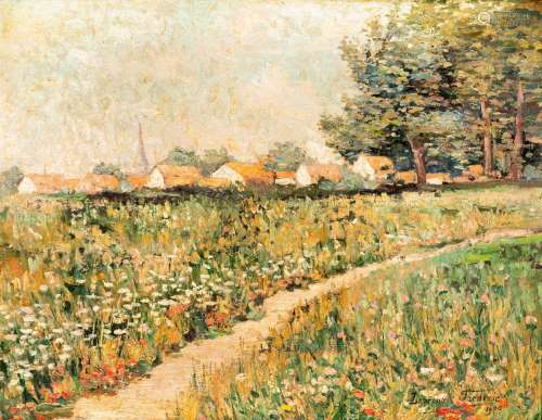 Laurence Frederic, rural view with a flower field, 1900, oil...