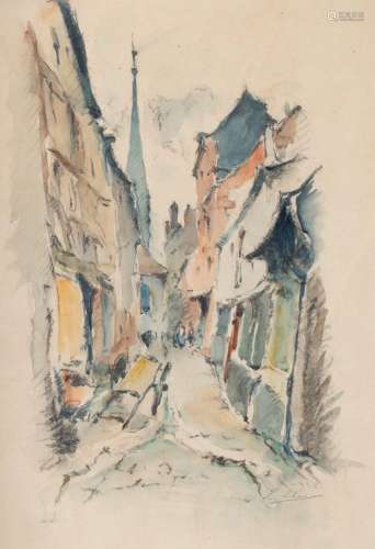 Indistinctly signed, narrow street in Honfleur, 1928, charco...