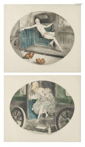 Louis Icart (1888-1950), two Art Deco beauties in a vehicle,...