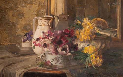 Marie De Bievre (1865-1940), still life with flowers, oil on...