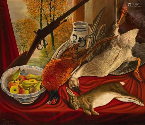 Germaan Bos (XX), still life with hunting trophies, 1989, oi...