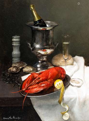 Omer Van Vosselen (1934), still life with lobster and champa...