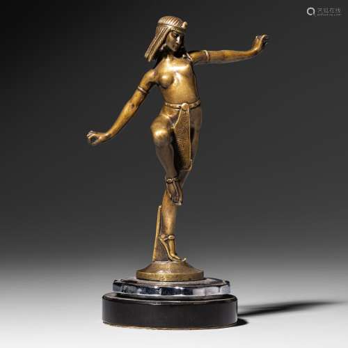A bronze statue of a dancer on a marble and steel base, sign...