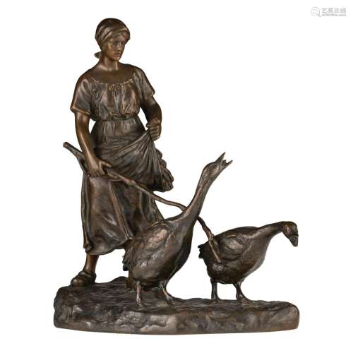 Attrib. to Léon Pilet (1840-1916), the goose keeper, patined...