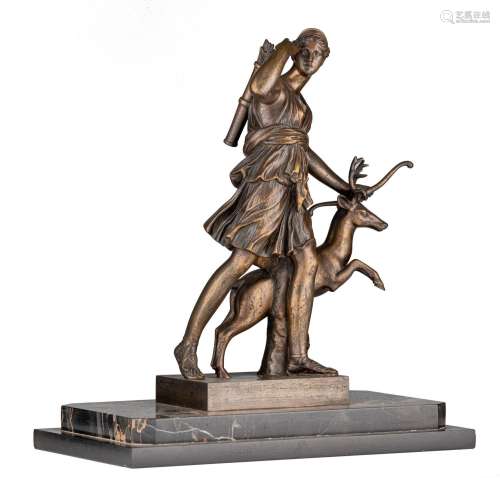 An Art Deco patinated bronze sculpture of Diana, on marble f...