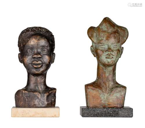 Soubry A., two patined bronze busts, depicting African peopl...