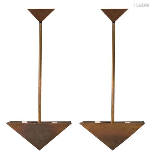 A pair of bronze Brutalist design hanging lamps, H 63 cm
