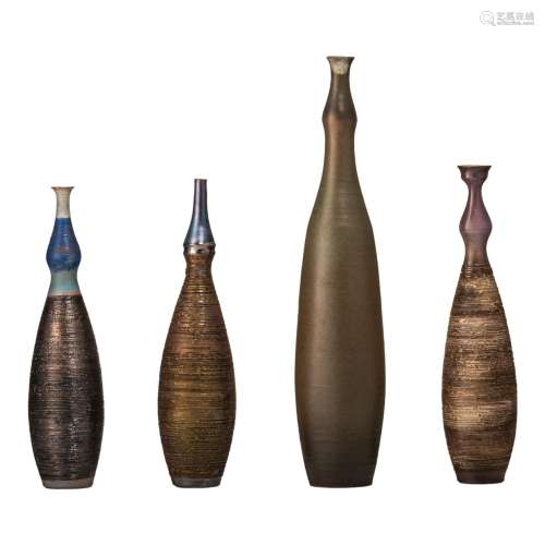 Four Belgian design Perignem glazed earthenware vases, H 28,...