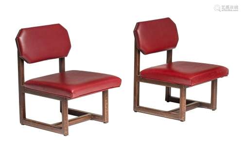 A pair of Art Deco type low chairs with burgundy red upholst...