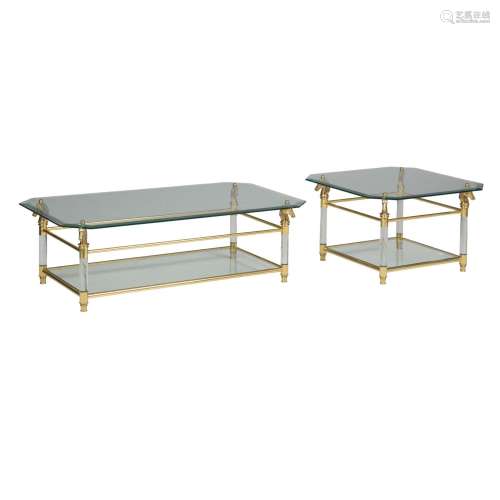 A set of two vintage coffee tables, with lucite legs and hor...