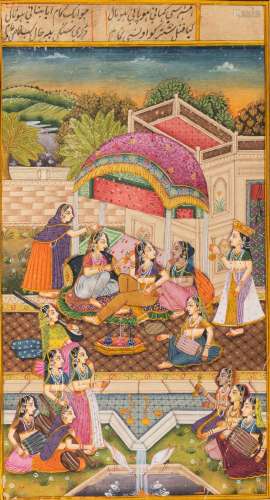 A 19thC Moghul miniature depicting concubines and their serv...