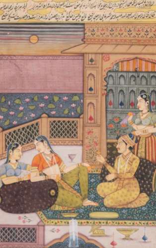 A 19thC Moghal miniature depicting a court company on a terr...