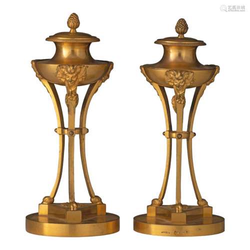 A pair of Louis XVI style gilt bronze cassolettes, H 23 cm
