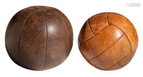 Two decorative vintage leather footballs, H 28 - 32 cm