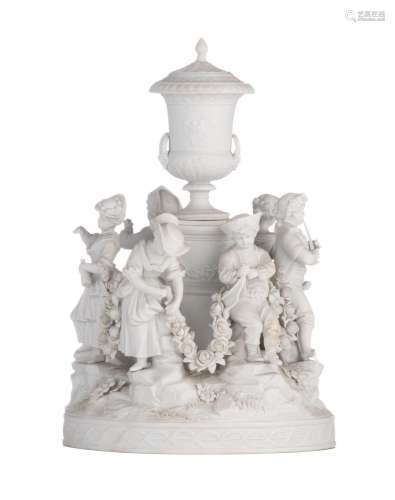A biscuit centrepiece group, gallant figures in a garden set...