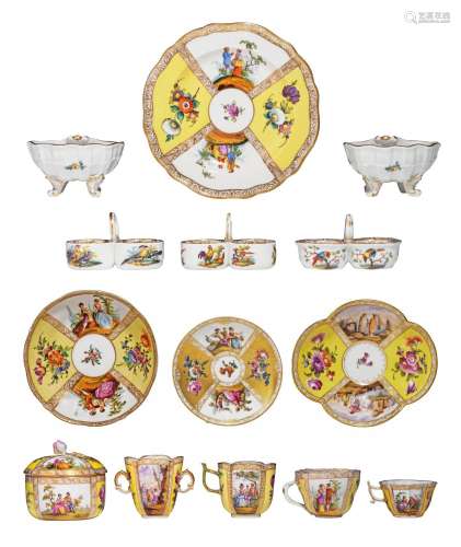 A various collection of Meissen porcelain cups and saucers, ...