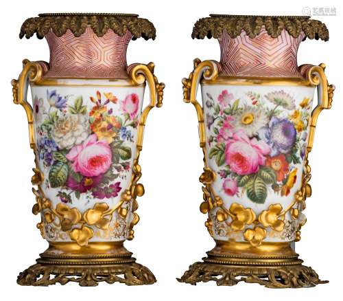 A pair of Napoleon III porcelain vases, with hand-painted fl...