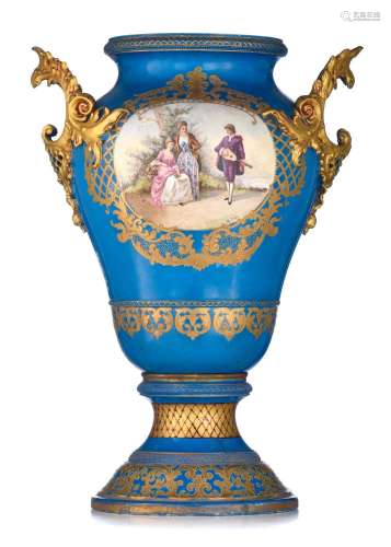 A Sèvres style 'blue celeste' ground vase, H 62 cm