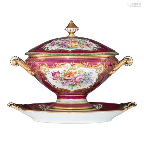A Sèvres porcelain tureen and cover on stand, floral decorat...