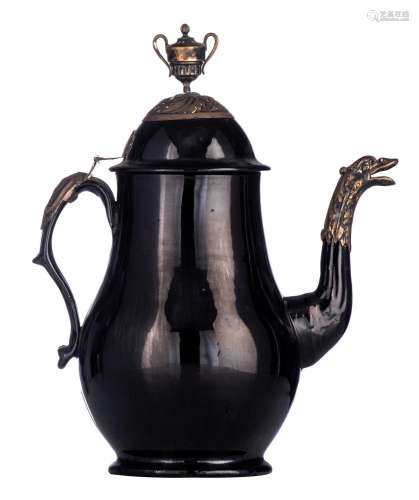A fine Namur black-glazed pottery coffee pot with silver mou...