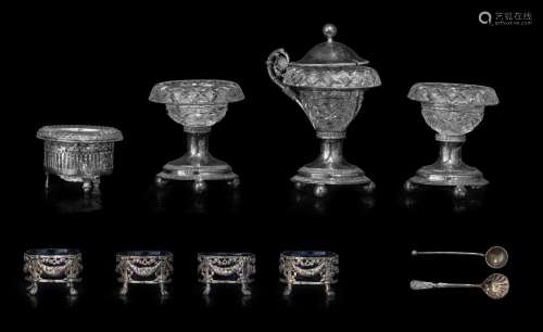 A various lot of Neoclassical silver salts and a mustard pot...