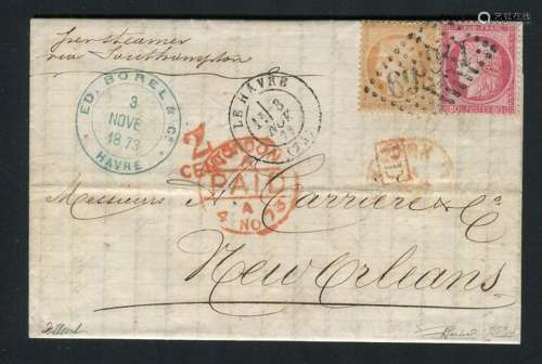 France 1873 - Rare letter from Le Havre to New Orleans (USA)...