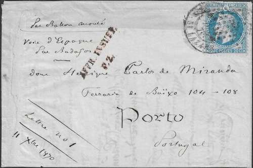 France 1870 - Very rare “Ville de Paris” balloon mail, very ...