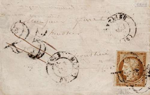 France 1850 - 10 cents bistre tax cancelled 25 with stamp on...