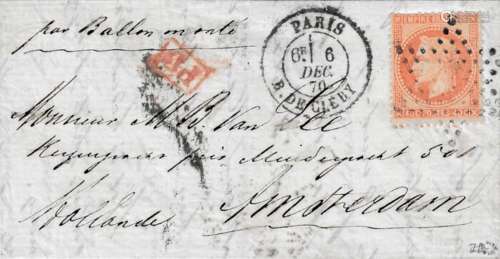 France 1870 - Balloon mail ‘Le Denis Papin’ bound to Amsterd...